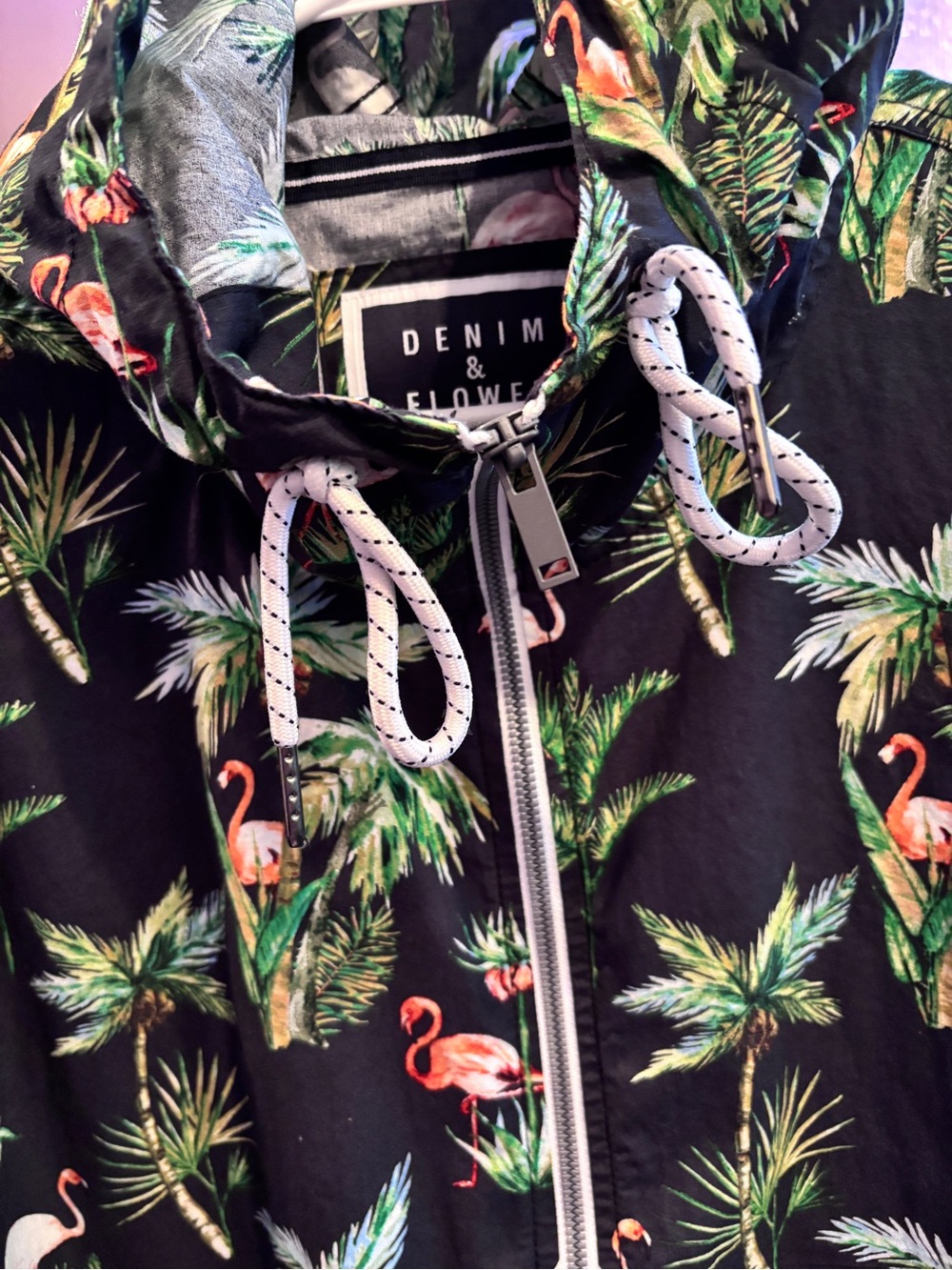 Denim & Flower Black Hoodie with Green Palm & Pink Flamingo Print - Picture 4 of 10